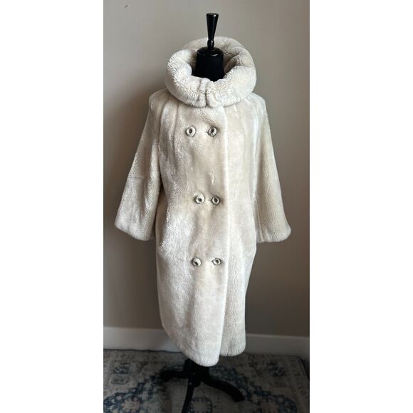 VINTAGE 1950's/1960's Cream Faux Fur Fully Lined Convertible Collar Coat Size M - Picture 1 of 7